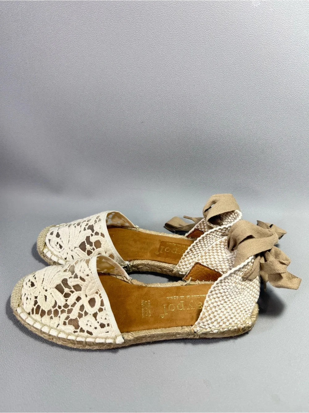 MAYPOL Anthropologie Cream Crochet Lace Ankle Tie Espadrille Flats